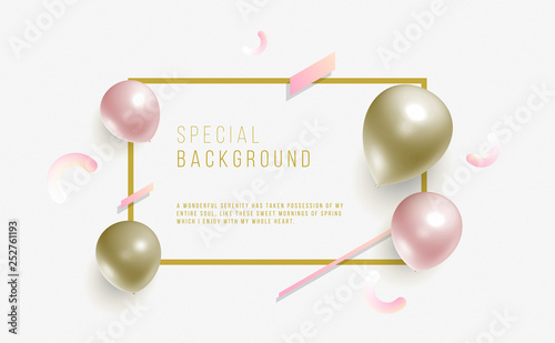 Creative background with golden and pink balloons. new Memphis style Vector.