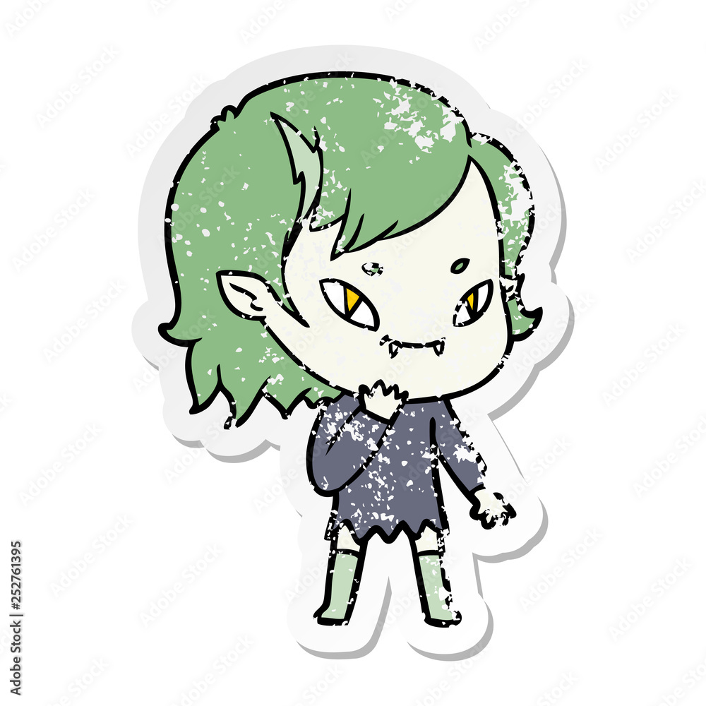 distressed sticker of a cartoon friendly vampire girl considering distressed sticker of a cartoon friendly vampire girl considering