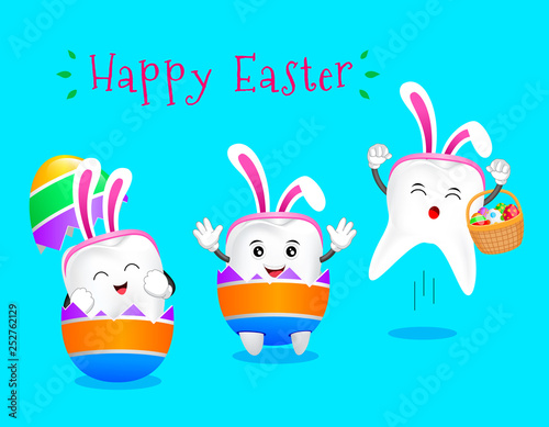 Cute cartoon bunny tooth cracking from egg shell. Easter egg hunt poster invitation template. Vector illustration isolated on blue background.