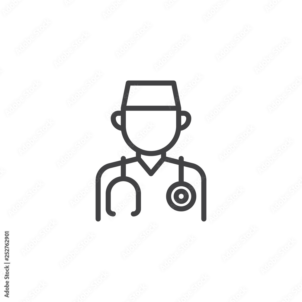 Male doctor line icon. linear style sign for mobile concept and web design. Doctor profile with medical stethoscope outline vector icon. Faceless people avatar symbol, logo illustration. Pixel perfect Male doctor line icon. linear style sign for mobile concept and web design. Doctor profile with medical stethoscope outline vector icon. Faceless people avatar symbol, logo illustration. Pixel perfect