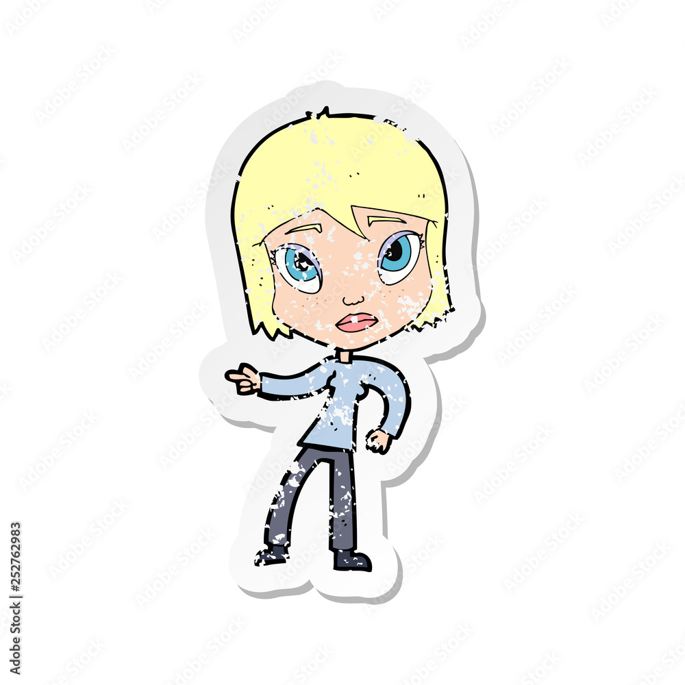 retro distressed sticker of a cartoon pointing woman