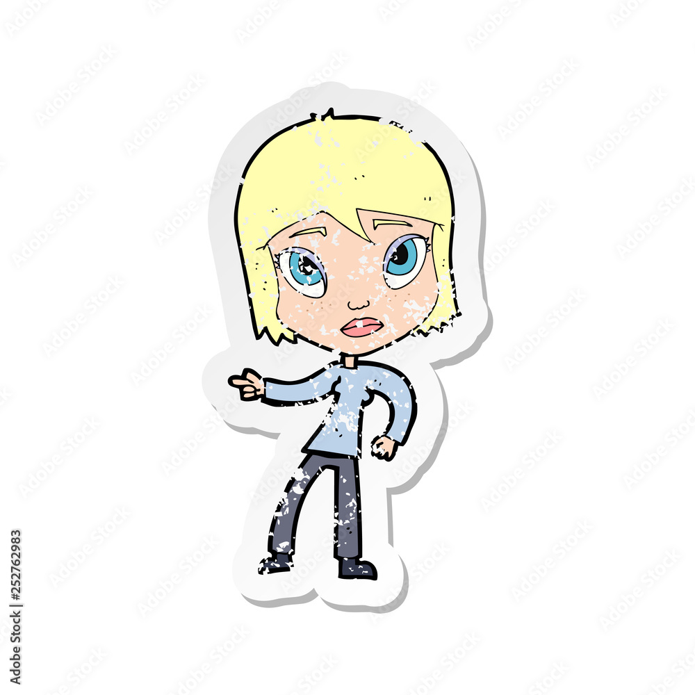 retro distressed sticker of a cartoon pointing woman retro distressed sticker of a cartoon pointing woman