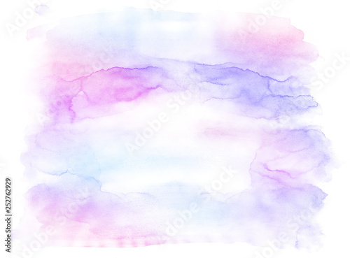 Smooth pastel light pink, purple shades and blue watercolor paper textured illustration for grunge design, vintage card, templates. Fantasy ink colors wet effect hand drawn canvas aquarelle background