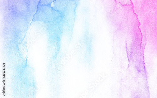 Smooth pastel light pink, purple shades and blue watercolor paper textured illustration for grunge design, vintage card, templates. Fantasy ink colors wet effect hand drawn canvas aquarelle background