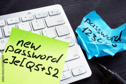 Strong and weak password on pieces of paper. Password security and protection. photo