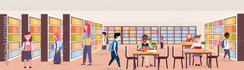 mix race pupils choosing and reading books workplace desks study area bookshelves modern library interior education knowledge concept flat horizontal banner full length