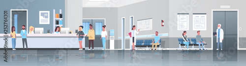 mix race patients standing line queue at hospital reception desk waiting hall doctors consultation healthcare concept medical clinic interior full length horizontal banner flat vector illustration