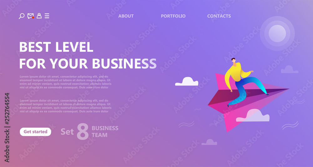 business landing page template. Team work landing page template.  Concept business success, a man flies on a paper plane. Web site template, mobile application