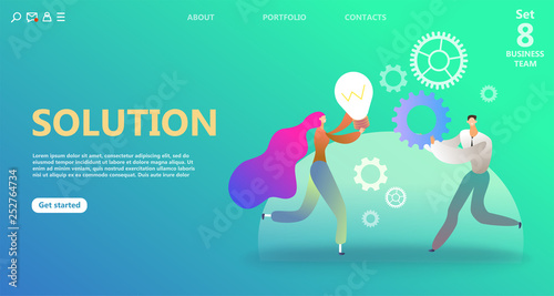 business landing page template. Team work landing page template. Teamwork concept, idea - light bulb, plan fulfillment - gear. 