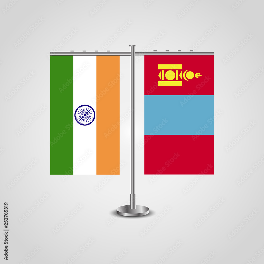 Table stand with flags of India and Mongolia.Two flag. Flag pole. Symbolizing the cooperation between the two countries. Table flags Table stand with flags of India and Mongolia.Two flag. Flag pole. Symbolizing the cooperation between the two countries. Table flags
