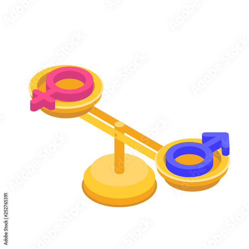 Gender equality, Equal pay and opportunity  isometric concept with male and female sign on  scale. Vector Illustration.