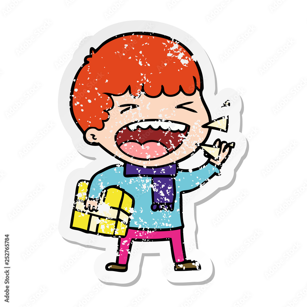 distressed sticker of a cartoon laughing man distressed sticker of a cartoon laughing man