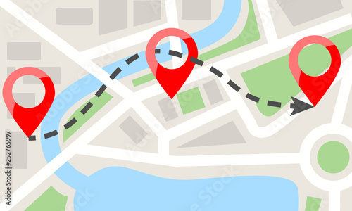 Map template with red pins. Flat color style Vector illustration.