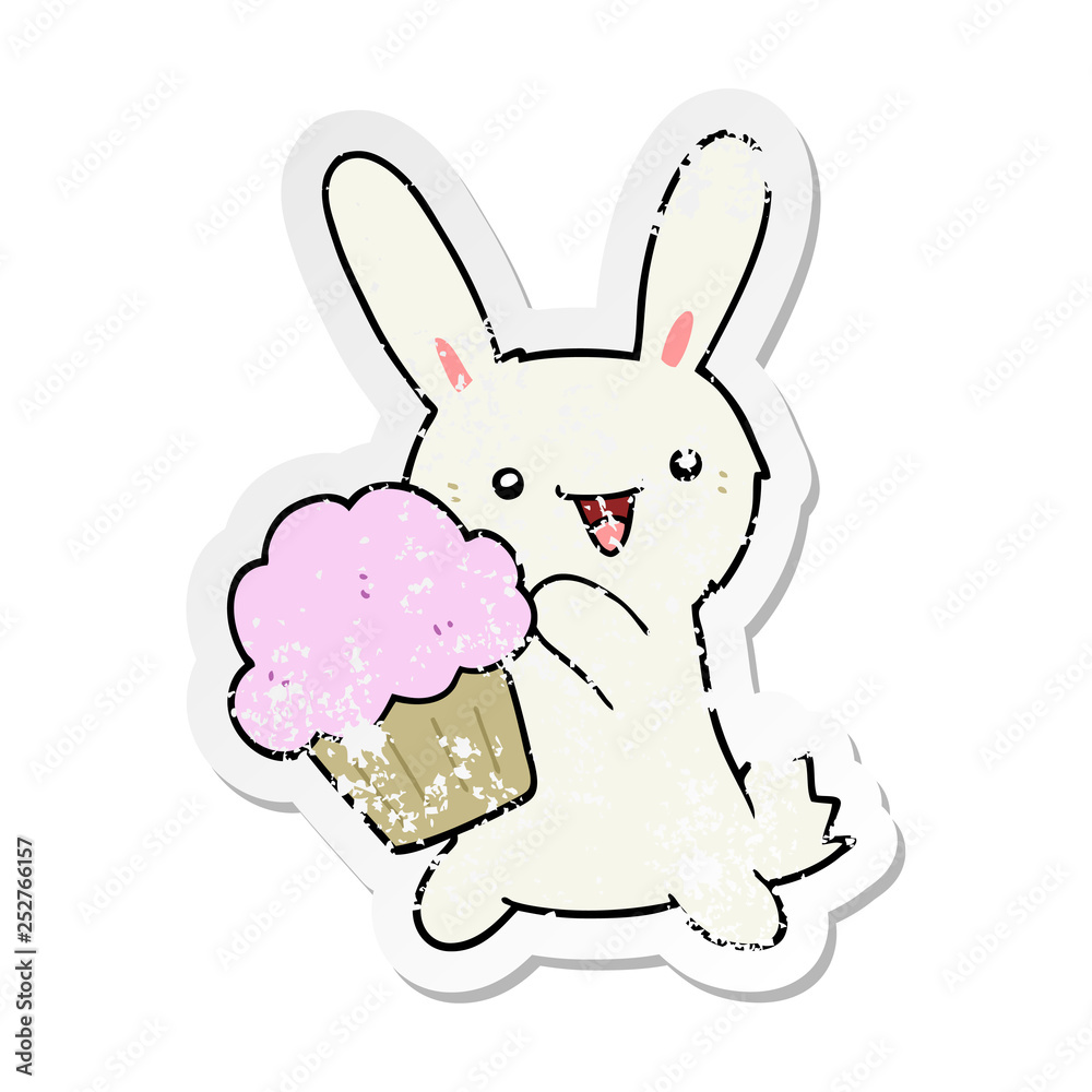 Obraz premium distressed sticker of a cute cartoon rabbit with muffin