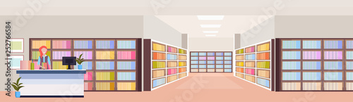 librarian woman at reception desk modern library interior bookshelves room bookcase with books reading education knowledge concept flat horizontal