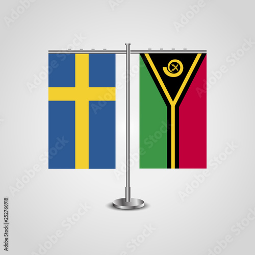 Table stand with flags of Sweden and Vanuatu.Two flag. Flag pole. Symbolizing the cooperation between the two countries. Table flags
