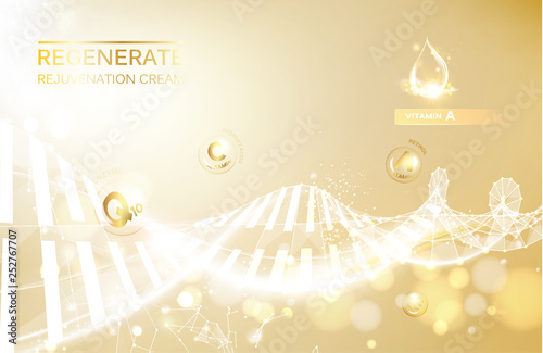 Regenerate face cream and Vitamin complex concept. Shining golden dna concept. Vitamin E drop in form of sphere. Beauty skin care design over golden backdrop. Vector illustration.