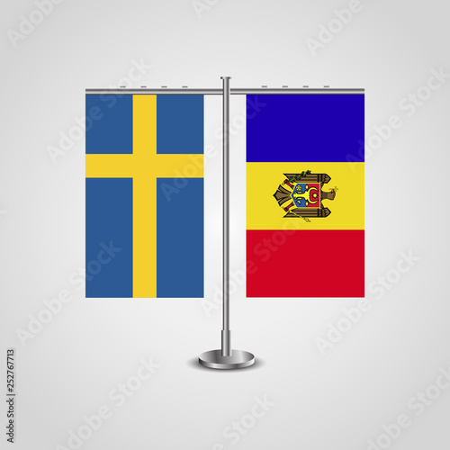 Table stand with flags of Sweden and Moldova.Two flag. Flag pole. Symbolizing the cooperation between the two countries. Table flags