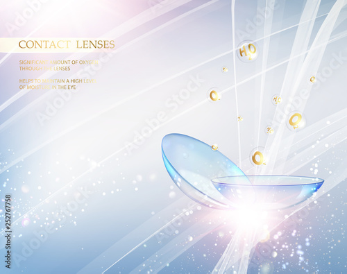 Contact lenses for your eye health. Abstract illustration of blue optical lens on soft light backdrop. Medical equipment over blue abstract background. Vector illustration.