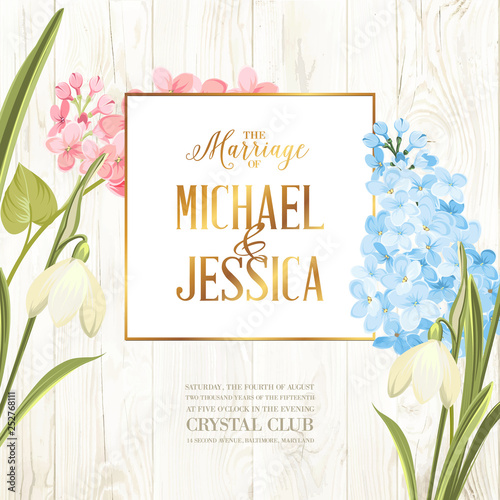 Marriage invitation card. Wedding card with spring flowers. Bridal shower banner on wooden background. Marriage floral invitation for spring or summer ceremony. Vector illustration.
