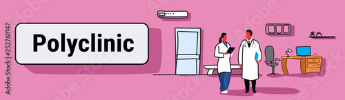 couple medical doctors team working in office healthcare concept male female characters in white uniform hospital interior full length sketch doodle horizontal banner