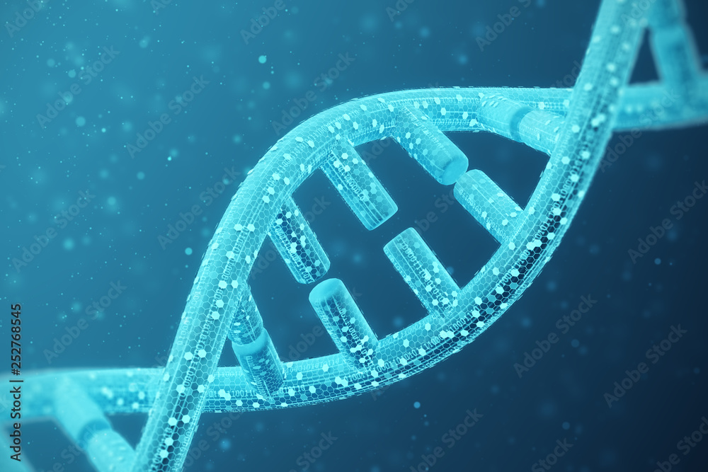 The concept of biochemistry with a DNA molecule on a blue background. 3d rendering