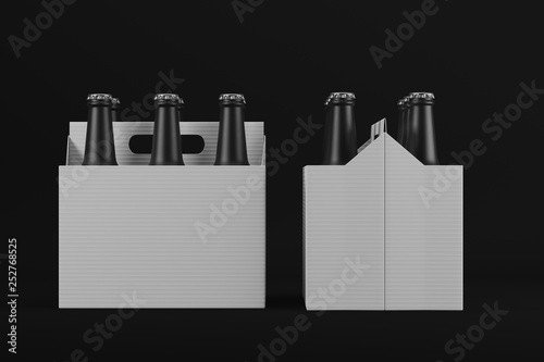 Obraz na plátně Frosted glass beverage bottles in cardboard box on black background