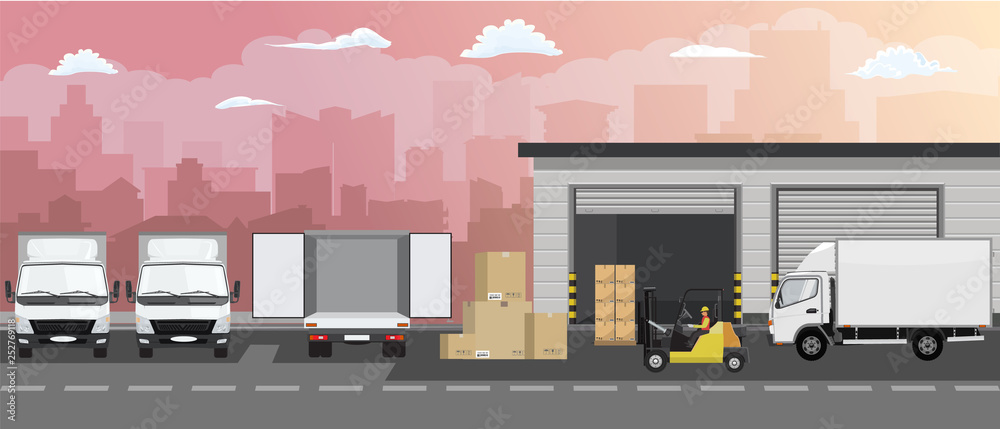 Warehouse building facade, truck and Forklift truck on cityscape background. Vector illustration. Warehouse building facade, truck and Forklift truck on cityscape background. Vector illustration.