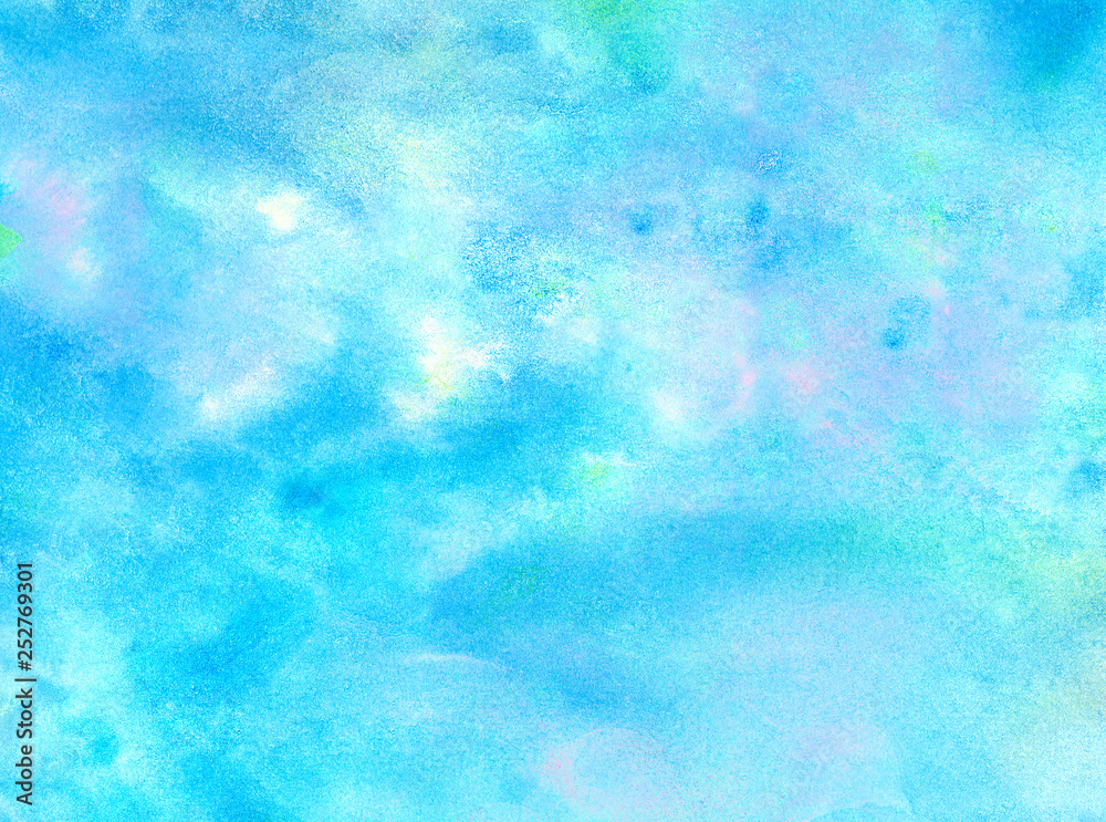 Abstract gradient light sky blue shades watercolor background on white  paper texture. Aquarelle painted textured canvas design, abstract blue  watercolor splash background, texture of watercolor. Stock Vector