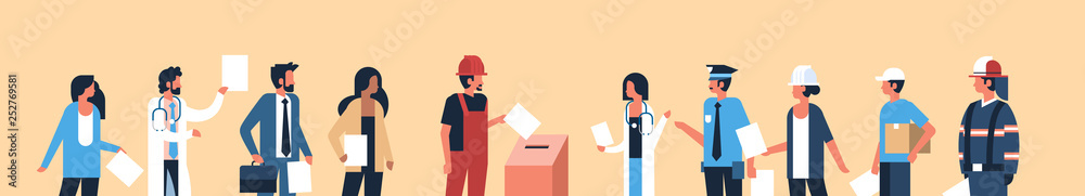 election day concept different occupations voters casting ballots at polling place during voting mix race people putting paper ballot in box portrait flat horizontal banner election day concept different occupations voters casting ballots at polling place during voting mix race people putting paper ballot in box portrait flat horizontal banner