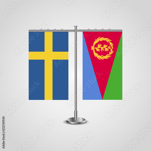 Table stand with flags of Sweden and Eritrea.Two flag. Flag pole. Symbolizing the cooperation between the two countries. Table flags