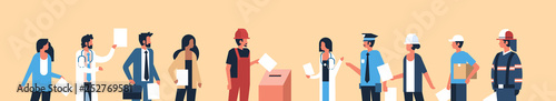election day concept different occupations voters casting ballots at polling place during voting mix race people putting paper ballot in box portrait flat horizontal banner