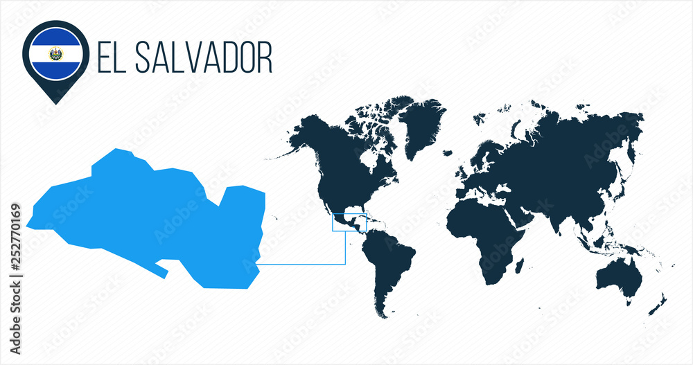 El Salvador map located on a world map with flag and map pointer or pin. Infographic map. Vector illustration isolated on white background.