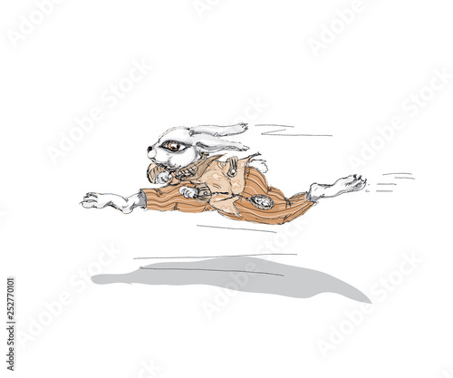 Alice in Wonderland running white rabbit Watercolor hand drawn  character isolated