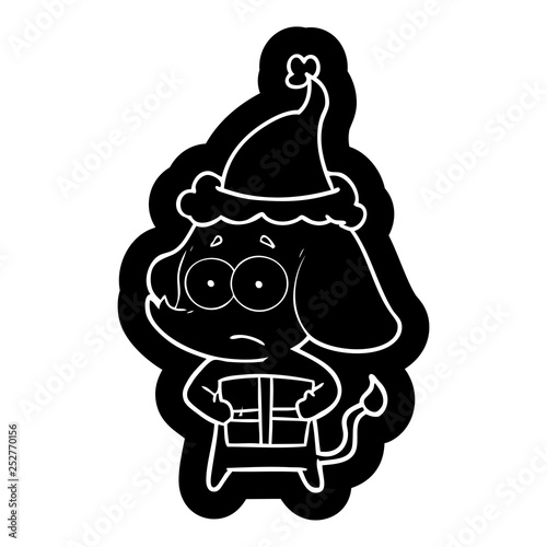 cartoon icon of a unsure elephant with christmas present wearing santa hat