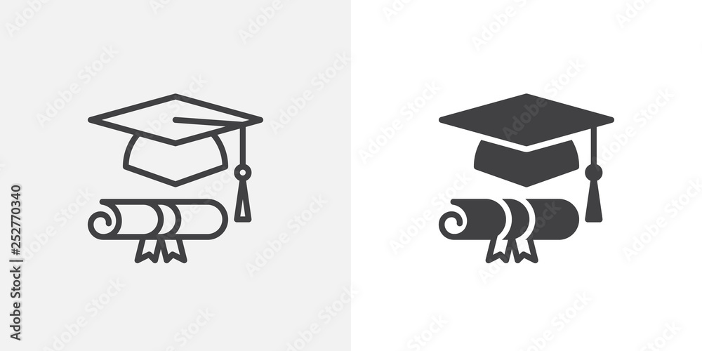 Graduation hat and diploma icon. line and glyph version, outline and filled vector sign. Students cap and scroll paper linear and full pictogram. Symbol, logo illustration. Different style icons set - obrazy, fototapety, plakaty 