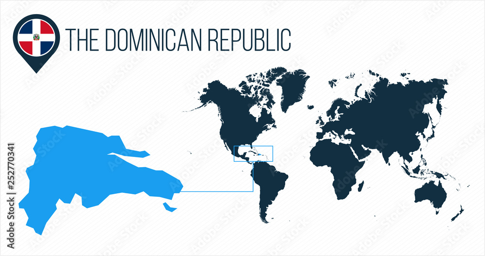 Fototapeta premium Mapa Dominikany znajduje się na mapie świata z flagą i wskaźnikiem mapy lub pinezką. Mapa plansza. Ilustracja wektorowa na białym tle.