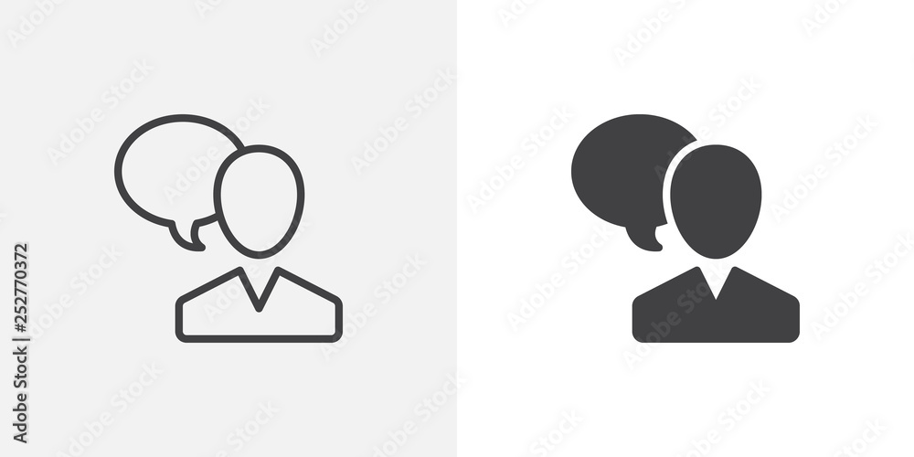 User and speech bubble icon. line and glyph version, outline and filled vector sign. Man with chat message linear and full pictogram. Comment symbol, logo illustration. Different style icons set User and speech bubble icon. line and glyph version, outline and filled vector sign. Man with chat message linear and full pictogram. Comment symbol, logo illustration. Different style icons set