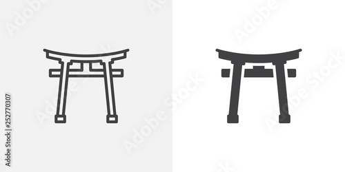 Torii gate icon. line and glyph version, outline and filled vector sign. Shinto Shrine linear and full pictogram. Symbol, logo illustration. Different style icons set