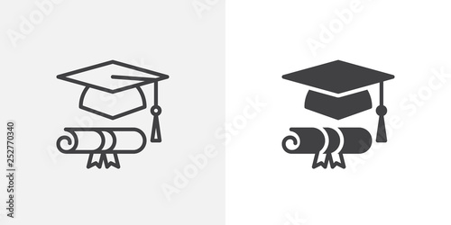 Graduation hat and diploma icon. line and glyph version, outline and filled vector sign. Students cap and scroll paper linear and full pictogram. Symbol, logo illustration. Different style icons set