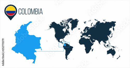 Colombia map located on a world map with flag and map pointer or pin. Infographic map. Vector illustration isolated on white background.