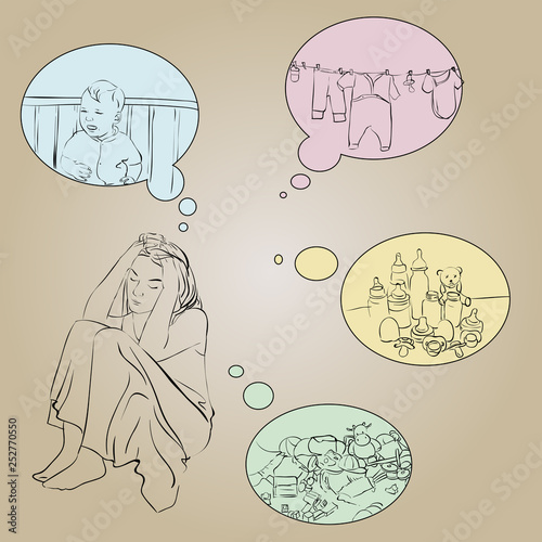 Пеwoman holds hands the head, sitting on the floor. Post-partum depression. A tired mom.чать