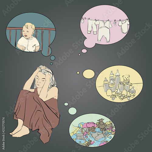 Пеwoman holds hands the head, sitting on the floor. Post-partum depression. A tired mom.чать