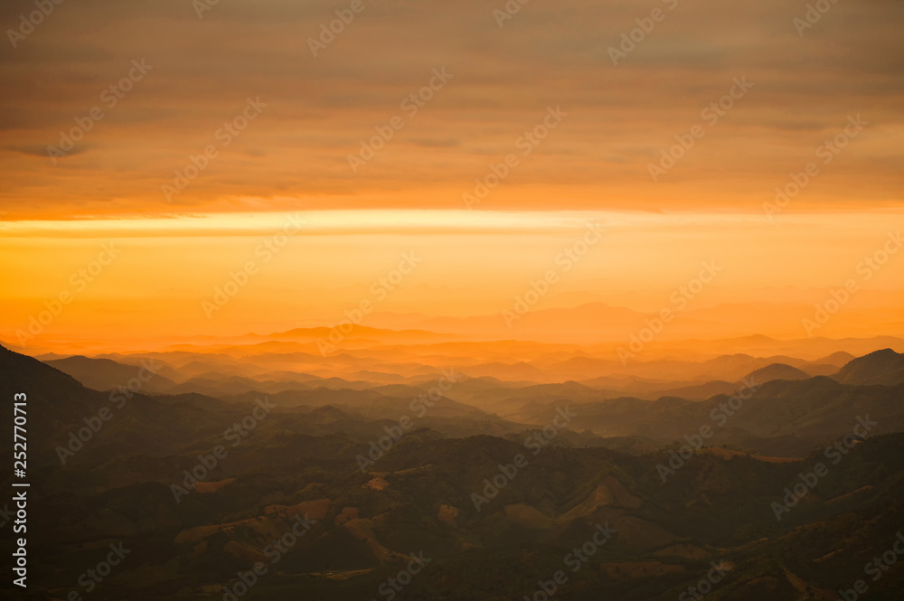 Arid land top view sunset over view on hill with agriculture mountain destroy the forest