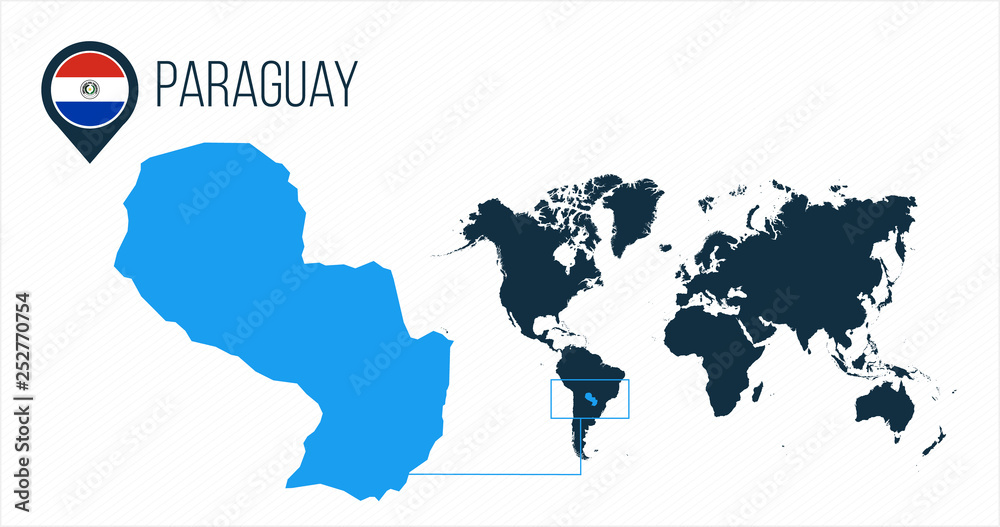 Paraguay map located on a world map with flag and map pointer or pin. Infographic map. Vector illustration isolated on white background.