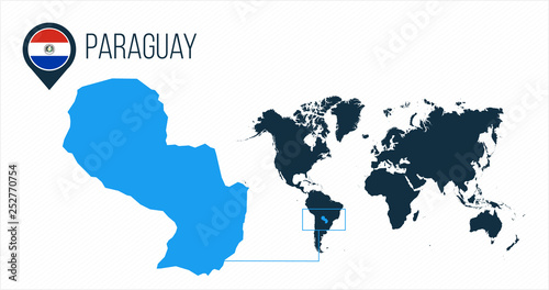 Paraguay map located on a world map with flag and map pointer or pin. Infographic map. Vector illustration isolated on white background.