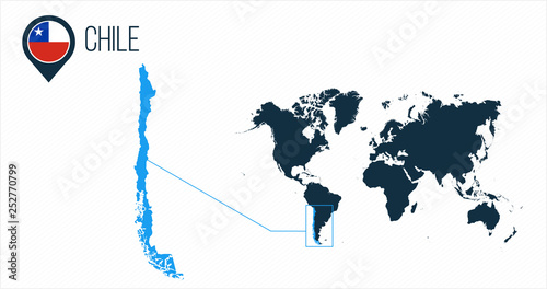 Chile map located on a world map with flag and map pointer or pin. Infographic map. Vector illustration isolated on white background.