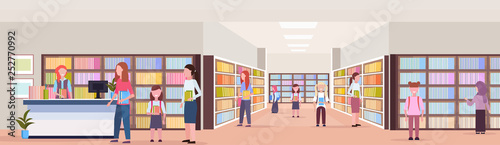 mix race students borrowing books from librarian modern library bookstore interior reading education knowledge concept flat full length horizontal banner