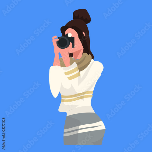 woman photographer taking picture with camera female journalist reporter shooting professional occupation concept cartoon character portrait flat blue background