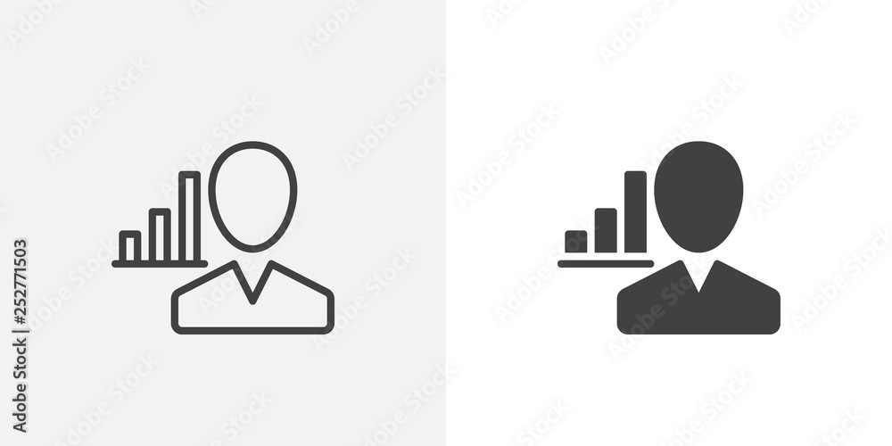 User and chart icon. line and glyph version, outline and filled vector sign. Presentation person linear and full pictogram. Symbol, logo illustration. Different style icons set User and chart icon. line and glyph version, outline and filled vector sign. Presentation person linear and full pictogram. Symbol, logo illustration. Different style icons set